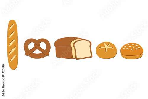 Different types of bread and baked goods displayed in a row on a white background in a simple setting
