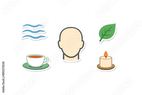 Relaxation with tea, candles, and nature symbols highlighting wellness practices and self-care routines during quiet moments at home