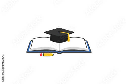 Graduation cap placed on an open book with a pencil beside it to symbolize education and learning during study time
