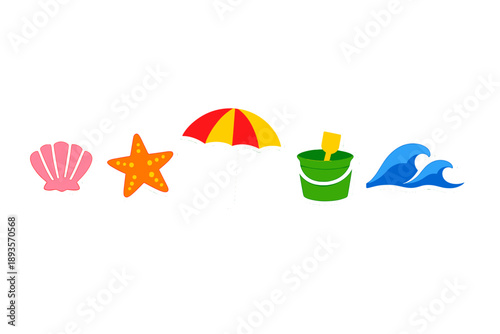 Shells, starfish, beach umbrella, bucket, and waves show summer fun at a sunny beach day activity with family and friends