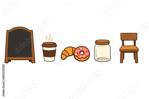 Coffee shop scene with drink, pastries, empty chair, and menu board in a bright setting during daytime
