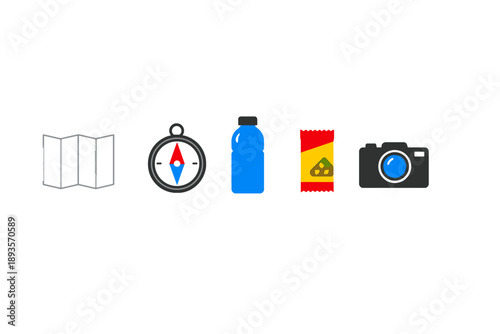 Travel essentials kit for outdoor adventures with a map, compass, water bottle, snack pack, and camera