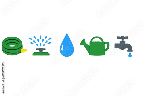 Different tools and symbols for watering plants used in gardening and landscape work in a simple and effective way