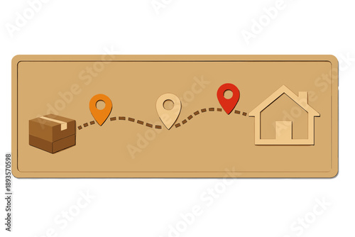 Delivery process from a package to a home with location markers showing different points along the way
