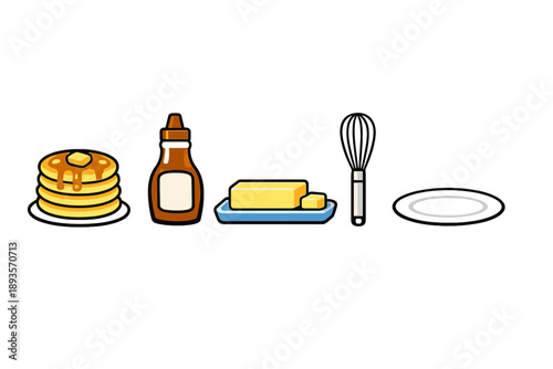 Pancakes with syrup and butter on a plate with a whisk ready to mix in a kitchen setting during breakfast time