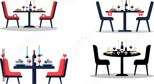 Collection of romantic fine dining table setups perfect for valentine celebration featuring candles wine and prepared gourmet meals awaiting couples.