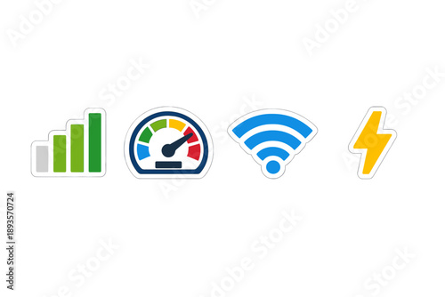 Icons showing signal strength, speedometer, wifi symbol, and lightning bolt representing network connectivity and power status updates for devices