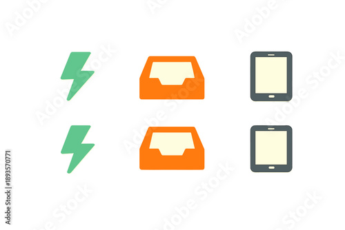 Icons represent different types of technology and utilities including energy, storage, and communication tools in a simple layout