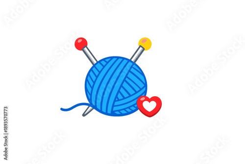 Knitting tools and yarn with a heart symbol on a plain background showing the craft of knitting