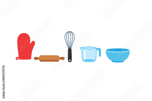 Different kitchen tools line up on a white background showing items needed for baking and cooking activities at home