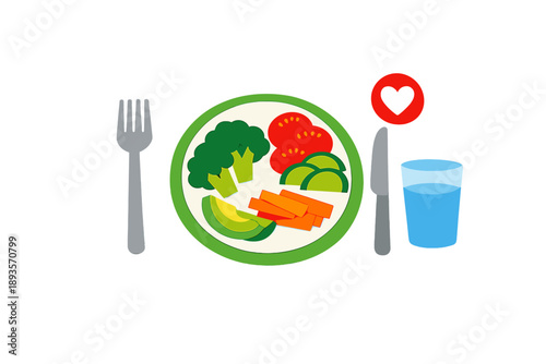 Vegetable platter and water placed on a table during a healthy meal time