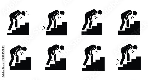 Progressive stages of a person bending over while ascending stairs