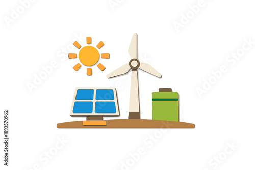 Renewable energy scene showing solar panel, wind turbine, and battery storage during bright daylight