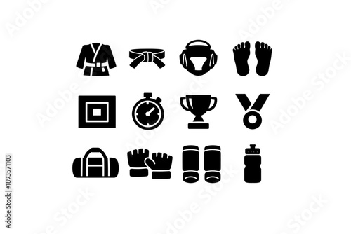Martial arts and combat sports equipment icons including uniform, belt, headgear, and trophy