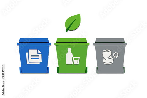 Different types of recycling bins are arranged in a row to promote proper waste disposal in an urban environment