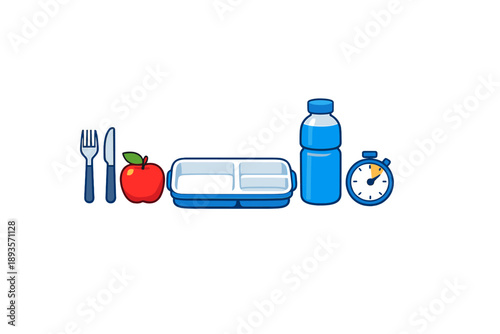 Lunch box setup with utensils, fruit, drink, and timer for meal planning in a simple organized style
