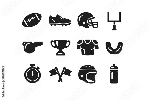 Collection of American football sport equipment icons on a white background