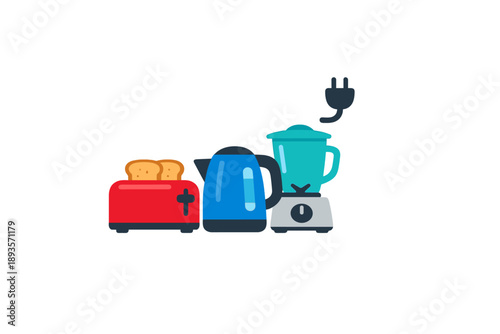 Home kitchen appliances include a toaster, kettle, and blender in a simple layout seen from the front on a white background