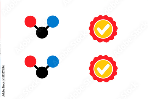 Graphic design featuring colored molecules and check marks, used for educational content and design projects related to chemistry and science concepts