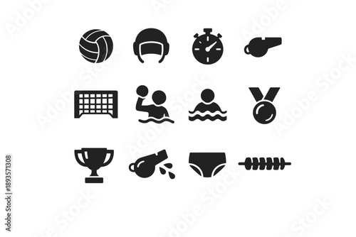 Collection of water polo sport icons and equipment on a white background