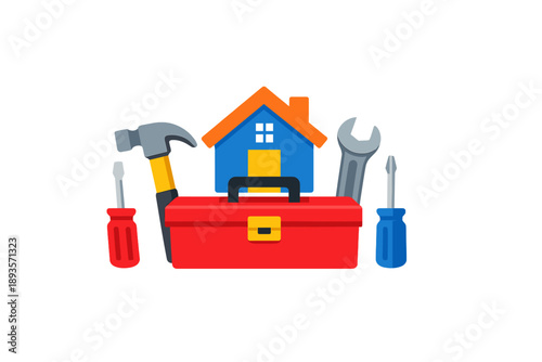 Tools arranged around a house symbol with toolbox in the center and various tools for home repair displayed on a white background