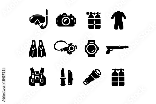 Collection of black scuba diving equipment icons on a white background