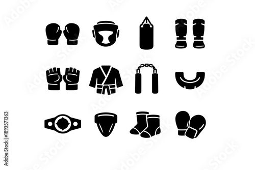 Collection of martial arts and combat sports equipment icons on a white background