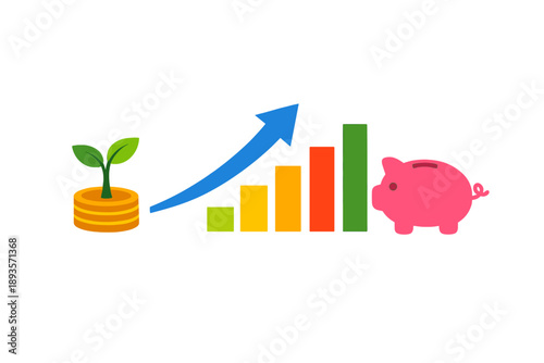 Growth of savings over time with investment symbols and a piggy bank in a simple design showing financial progress