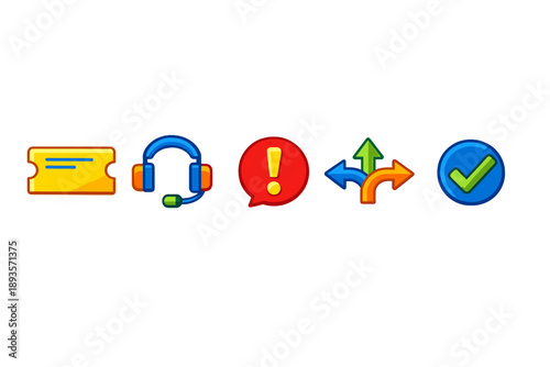 Icons represent ticketing, customer support, alerts, navigation, and confirmation in a simple design for user interfaces, useful in applications or websites that aid users in tasks
