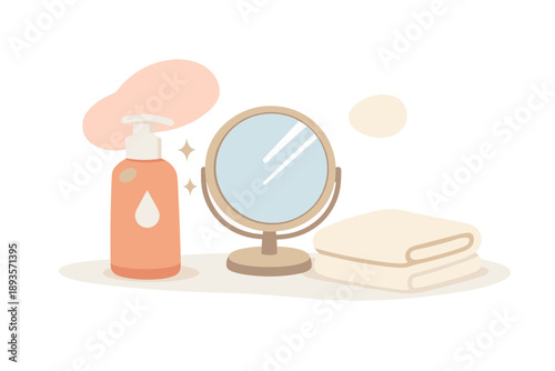 Cosmetic bottle, mirror, and towels on a simple surface in a bathroom setting during daytime hours