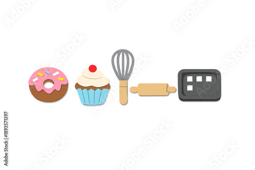 Colorful baking items are lined up on a white background featuring a donut, cupcake, whisk, rolling pin, and baking tray