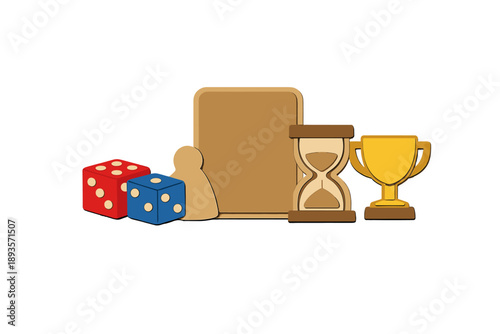 Various game pieces with dice, a trophy, an hourglass, and a playing board set on a white background for a game night setup