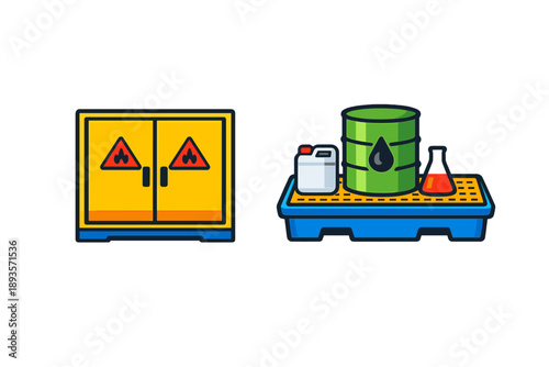 Safety storage and spill containment equipment for hazardous materials in a laboratory setting shown in a clear arrangement
