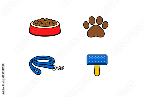 Different dog care items are shown including a food bowl, a paw print, a leash, and a grooming brush in a simple layout on a white background