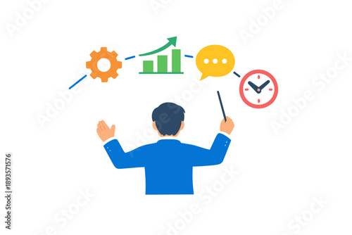 Business person pointing to graphs and symbols illustrating concepts of time, communication, and growth during a presentation