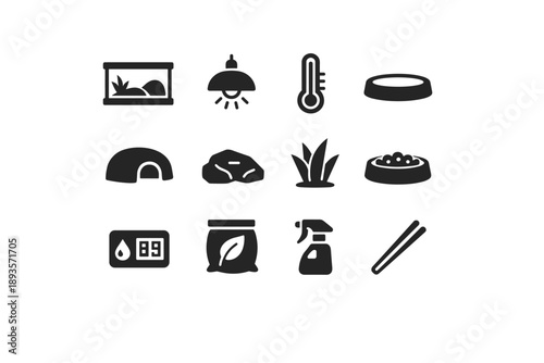 Collection of icons representing reptile terrarium accessories and supplies