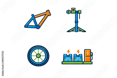 Different bike parts and tools used for maintenance and repair work in a workshop designed for cycling activities