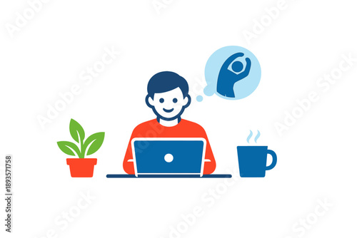 Person works on a laptop in an indoor space with a plant and a cup of coffee while thinking about an activity