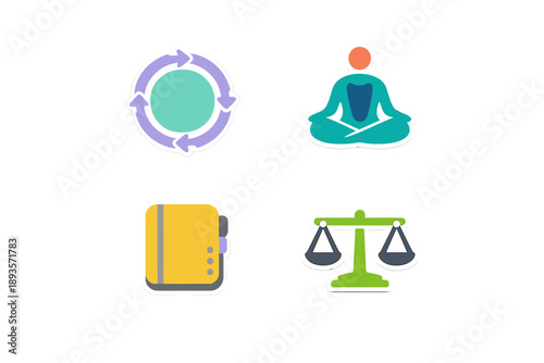 Icons representing concepts of balance, meditation, recycling, and legal matters in a simple and clear design