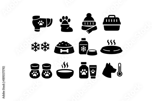 Collection of winter pet care icons including clothing, food, and health items