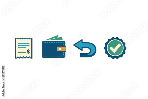 Cash back process is shown with a receipt, a wallet, a return symbol, and a checkmark to indicate completion of the transaction in a simple layout