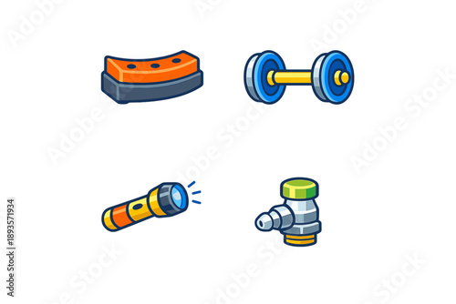 Various tools and objects arranged on a white background showing a weight, flashlight, pipe fitting, and a piece of equipment for handling tasks
