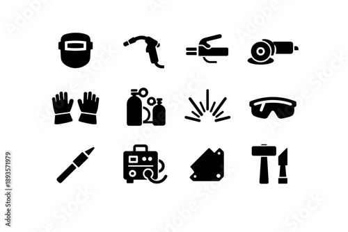 Welding and metalworking tools icons collection for industrial and construction applications