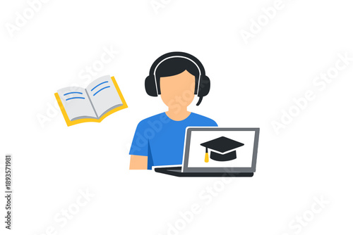 Student learns online with laptop, headphones, and open book during study session
