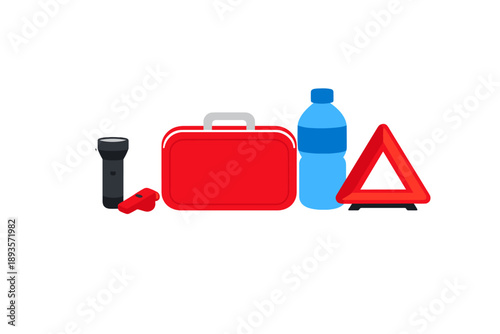 Need for emergency kit with flashlight, water, first aid, and warning triangle for travel safety in any situation
