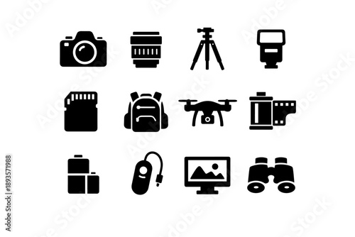Collection of photography equipment icons including camera, lens, tripod, flash, and drone