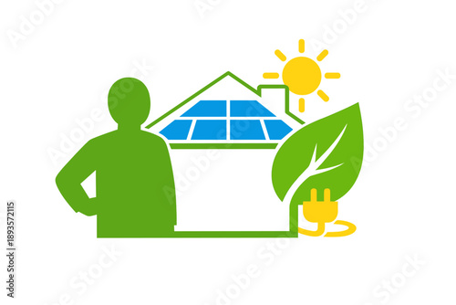 Man standing next to a house with solar panels and a leaf representing renewable energy and sustainability in a sunny setting