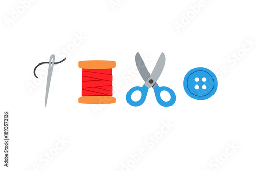 Sewing tools are arranged in a line showing a needle, thread spool, scissors, and a button on a white background
