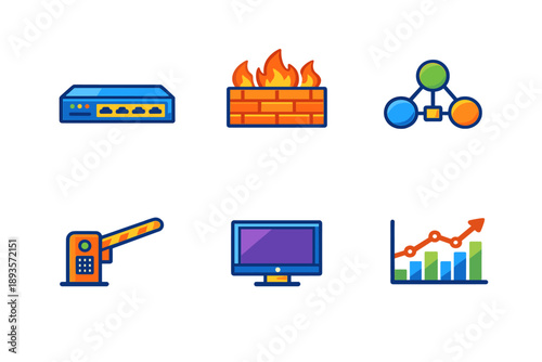 Network security and management symbols display various tools used in information technology to ensure safe data transfer and system performance in modern environments