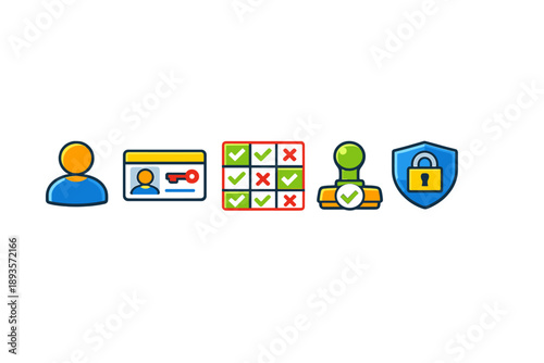 Icons showing user account management, verification process, and security measures in digital context for online safety and privacy
